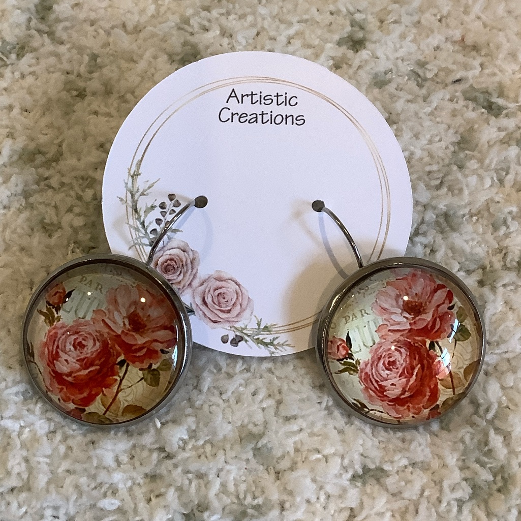 French Roses Floraglass Cabachon Pierced Fashion Earrings Nwt 1”